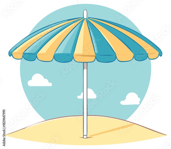 Fototapeta Colorful Beach Umbrella on Sandy Shoreline with Sky and Clouds