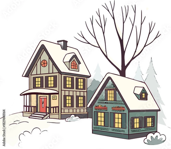 Obraz Charming winter homes nestled in a snowy landscape with glowing windows, perfect for holiday cards, storybook illustrations, and cozy seasonal designs