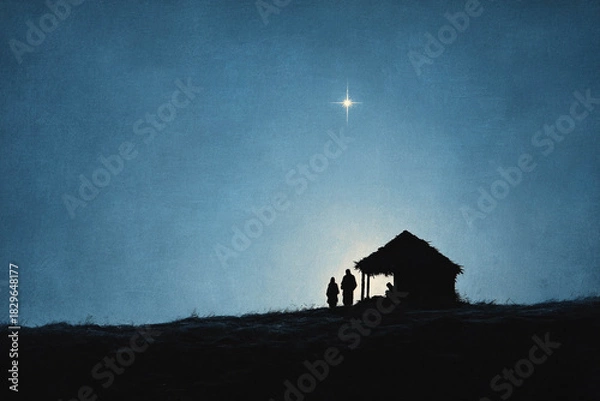 Obraz Silhouette of stable and holy family figures on hill under bright guiding star for spiritual religious background with copy space