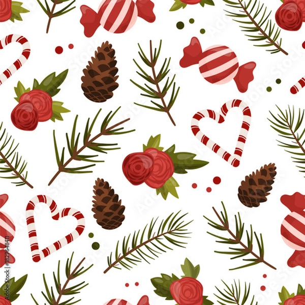 Fototapeta Seamless Christmas Pattern with Candy Canes, Pine Branches, Roses and Cones