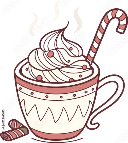 Obraz Indulge in the festive cheer with a steaming cup of hot chocolate topped with creamy whipped cream and a candy cane, perfect for winter holidays