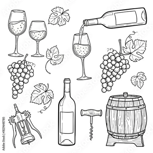 Obraz Black and white illustration of wine glasses, bottles, grapes, corkscrew, and barrel, representing wine and winemaking