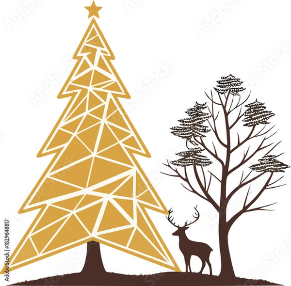 Obraz Elegant holiday scene with golden Christmas tree and reindeer in a snowy woodland, perfect for greeting cards or festive decorations, simple and charming