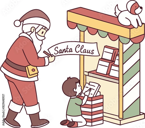 Obraz Santa Claus visiting a child at toy store to read his Christmas wish list, creating heartwarming memories in a festive, holiday setting