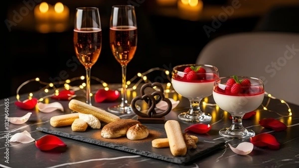 Obraz “luxury dessert table with wine glasses, chocolates and fruits, soft golden bokeh lights, premium fine-dining romantic celebration photography