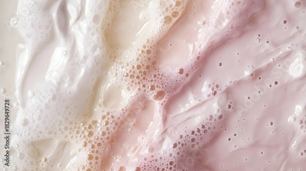 Fototapeta Gentle waves of white and pink liquid cascade, creating a smooth, bubbly abstract pattern and texture.
