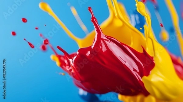 Fototapeta Vibrant red yellow and blue paint collide creating dynamic liquid shapes against a blue studio background.