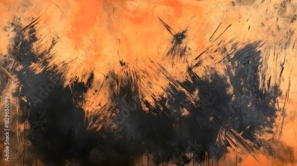 Fototapeta An abstract expressionist painting shows heavy black brushstrokes over a vibrant background in shades of orange.
