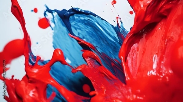 Fototapeta Abstract image of red and blue paint colliding in a vibrant splash against a clean white background surface.