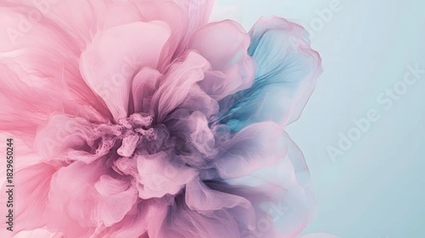 Fototapeta Elegant abstract pink and blue smoky cloud forms a delicate ethereal floral bloom on a pale background.