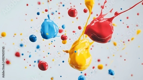 Fototapeta Vivid colorful paint splashes and droplets collide midair creating a dynamic abstract liquid art scene now displayed.