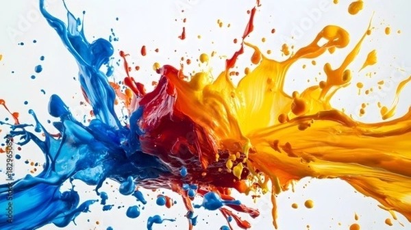 Fototapeta Vibrant explosion of red, blue, and yellow paint collide in a dynamic splash against a white background.