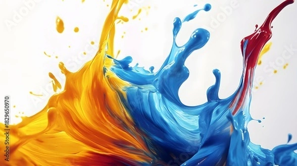Fototapeta Vivid splash of red, blue, and yellow paint intermingle creating dynamic liquid motion against white background.