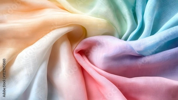 Fototapeta Abstract macro shot of flowing pastel silk fabric featu soft swirls and delicate colorful gradations.