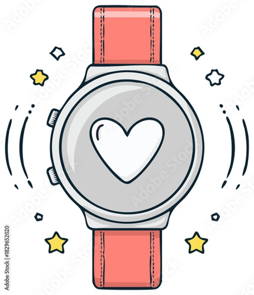 Obraz Cartoon smartwatch displaying a heart symbol for health monitoring and digital wellness