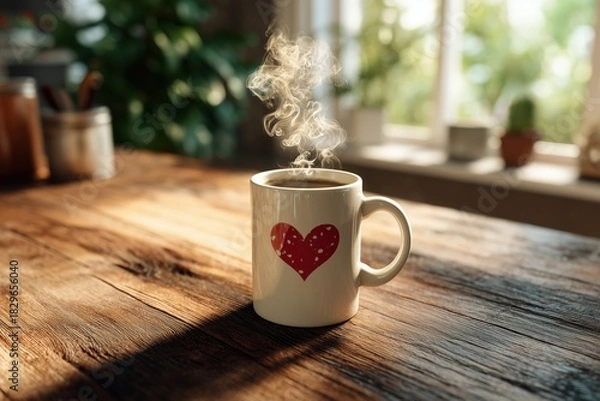 Fototapeta Hot cup of coffee with heart design sits on rustic wooden table in bright cozy cafe. Concept of Saint Valentine Day and 8 Mart celebration.