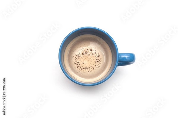 Fototapeta White coffee with milk in a mug view from top isolated over white background.