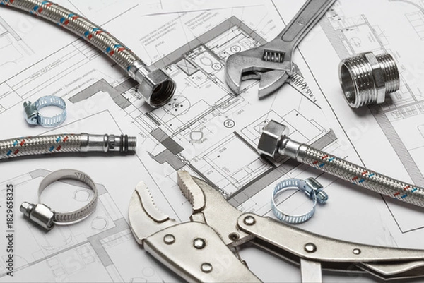 Obraz Plumbing drawings. Tools and materials.