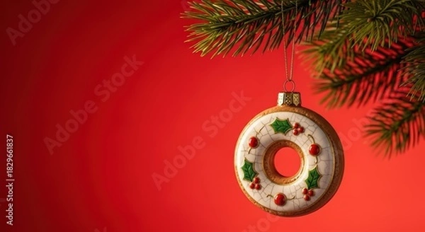 Obraz Christmas tree ornament in shape of donut as porcelain figurine on pine tree branch, festive red background with copy space. Holiday banner and decoration for bakery and pastry shop, catering