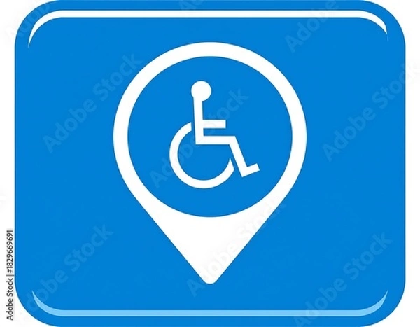 Obraz A stylized blue rectangular button with rounded corners. A white pointer-shaped location marker hosts a wheelchair symbol inside