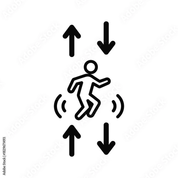 Fototapeta Icon of a running or jumping person with up and down arrows, representing movement, direction, and dynamic activity.