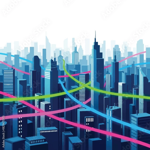 Obraz Connected Cityscape with Neon Data Streams