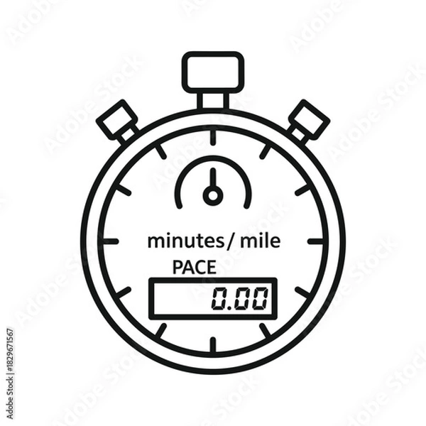 Fototapeta Outline icon of a stopwatch showing 'minutes/mile' and 'pace' with '0.00' display for sport time tracking.