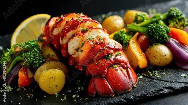 Obraz Red lobster with vegetables and lemon on a black slate stand