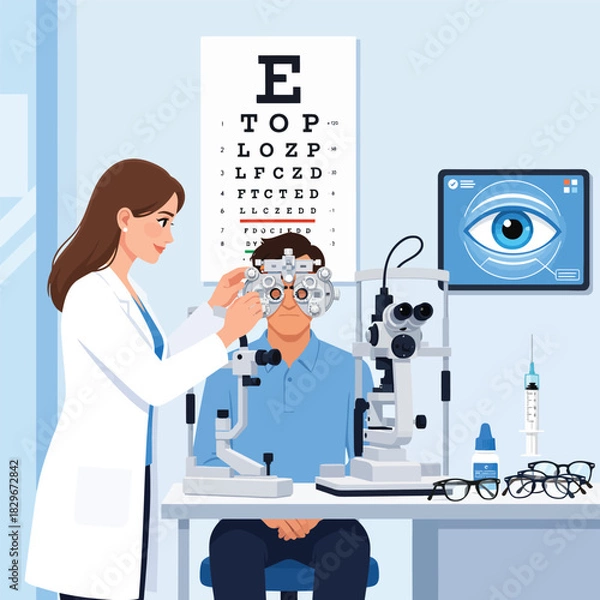 Fototapeta A doctor in a medical lab is conducting scientific research using a microscope on a patient's health analysis