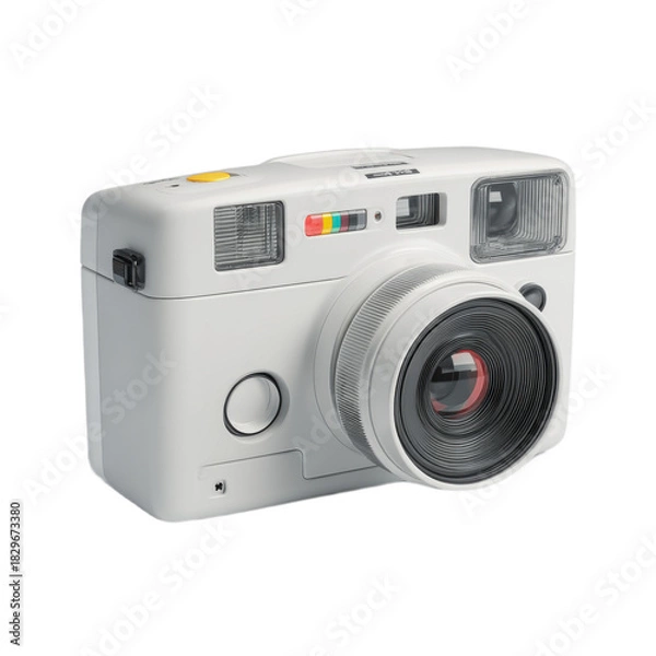 Obraz A white camera with a yellow button