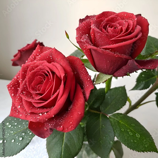 Fototapeta Close up of three red roses with water droplets on petals and green leaves against white background