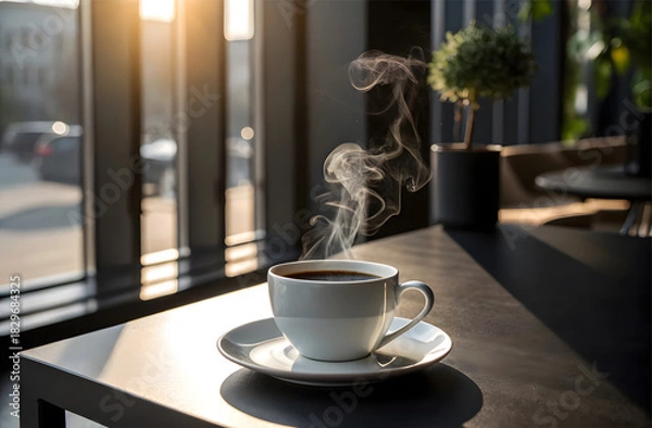 Fototapeta Morning Coffee Bliss: A steaming cup of coffee sits on a dark table beside a window with sunlight, evoking a sense of tranquility and a perfect moment of relaxation and contemplation.