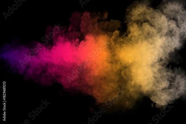 Fototapeta Vibrant Multicolor Smoke Burst Texture – Gradient Powder Explosion Effect with Purple, Pink, Orange, and Yellow Clouds on Black Background for Digital Art, Overlays, Visual FX, Branding,Design Project