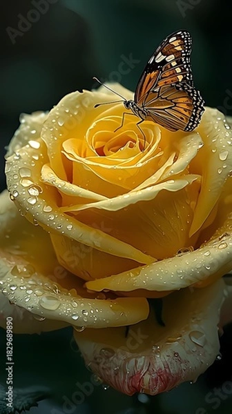 Fototapeta ดอกกุหลาบสีเหลืองและผีเสื้อ