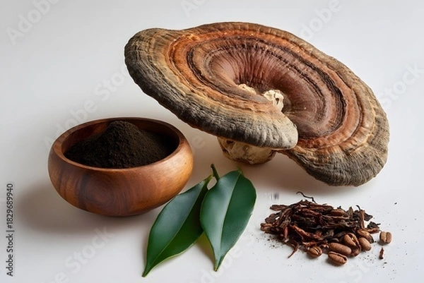 Obraz A collection of natural wellness elements including a large reishi mushroom, fine powdered extract in a wooden bowl, green leaves, and dried botanicals arranged on a clean white background.