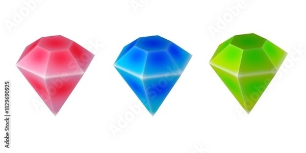 Fototapeta Red, blue and green colored cut gemstones with cartoon or game shading isolated on white background
