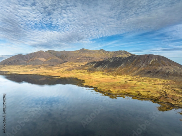 Obraz Aerial view over mountain range, lava field and lake - Snaefellsnes - Iceland