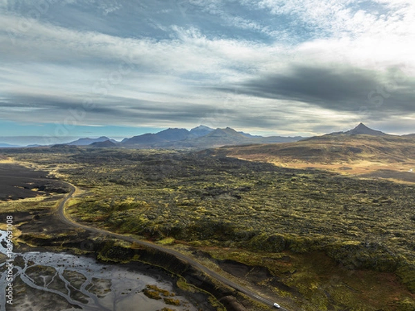Obraz Aerial view over mountain range, lava field and lake - Snaefellsnes - Iceland