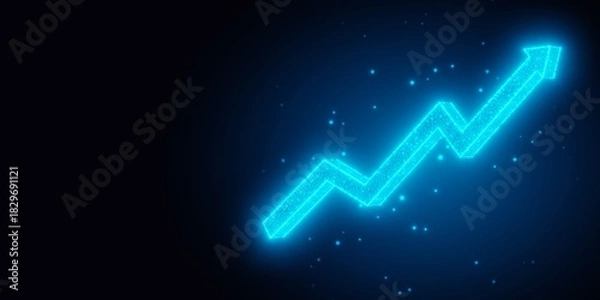Fototapeta Blue glowing wireframe rising arrow on dark black background with copy space, business technology, stock market concept