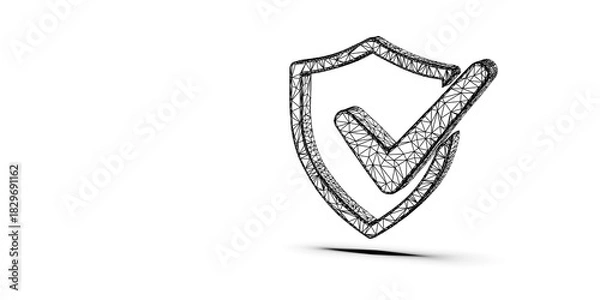Fototapeta Black wireframe shield outline with large checkmark overlay on white background, business security, protection or digital safety template concept