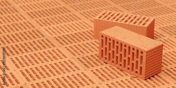 Fototapeta Layer of new, unused red brick stones background with two bricks on top, construction, building trade or masonry industry concept, selective focus