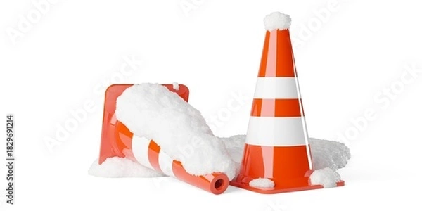 Fototapeta Two traffic cones, one standing, one laying in snow heap over white background, winter or snow warnign concept element