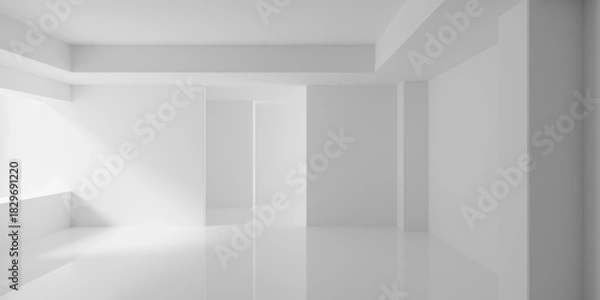 Fototapeta Modern stylish interior template, empty blank white room interior background featuring multiple divider walls and soft light thru window