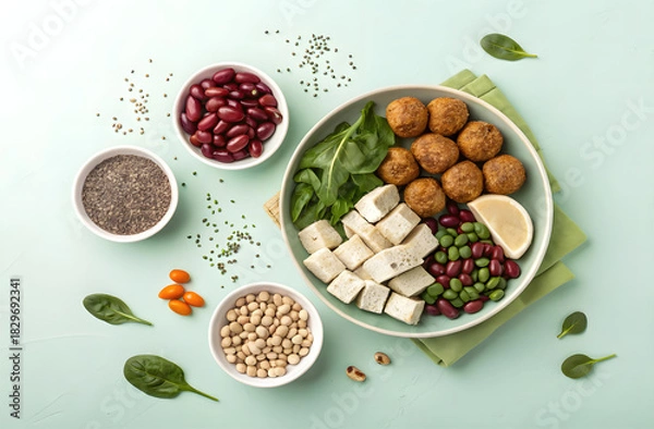 Fototapeta Nutrient-Rich Bowl: A visually appealing composition of a wholesome and balanced meal, showcasing an array of fresh ingredients for a healthy lifestyle.