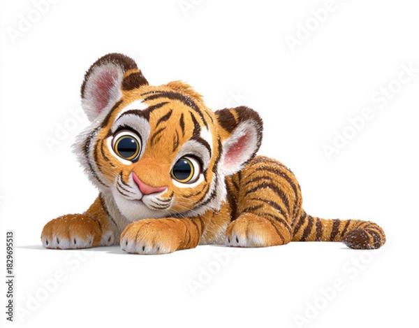 Fototapeta Cute cartoon tiger cub with big eyes, lying down playfully on white background. This adorable character exudes charm and innocence, perfect for children illustrations or designs