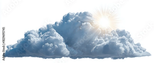 Fototapeta Fluffy white cloud with sun rays shining through, creating serene and uplifting atmosphere. cloud appears soft and billowy, enhancing beauty of sky