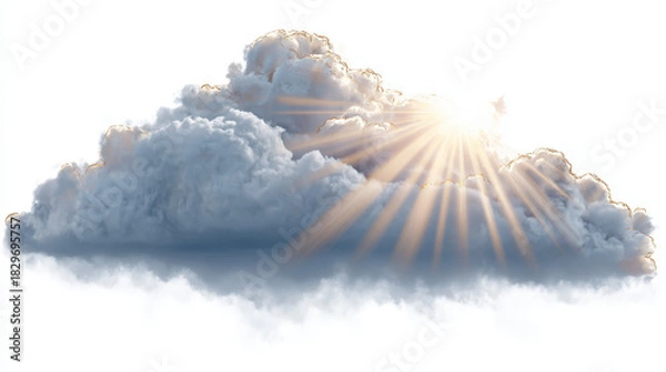 Fototapeta Fluffy cloud with sun rays shining through creates serene and uplifting atmosphere, perfect for conveying sense of peace and tranquility