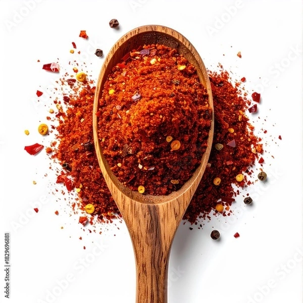 Obraz Wooden spoon brimming with vibrant red spice blend, scattered peppercorns and chili flakes