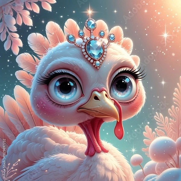 Obraz Whimsical big-eyed turkey wearing a tiny sparkling crown, dreamy pastel Christmas fantasy illustration.