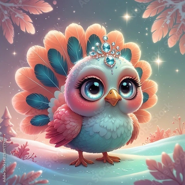 Obraz Whimsical big-eyed turkey wearing a tiny sparkling crown, dreamy pastel Christmas fantasy illustration.